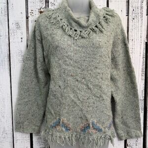 VTG Monterey Petites Koret Sweater‎ Women's XL Cowl Neck Green Knit Fringe Aztec